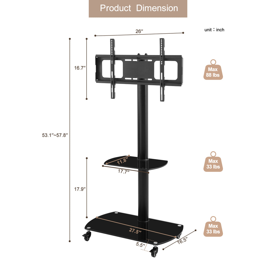 Mobile TV stand with lockable wheels and swivel mount angle view