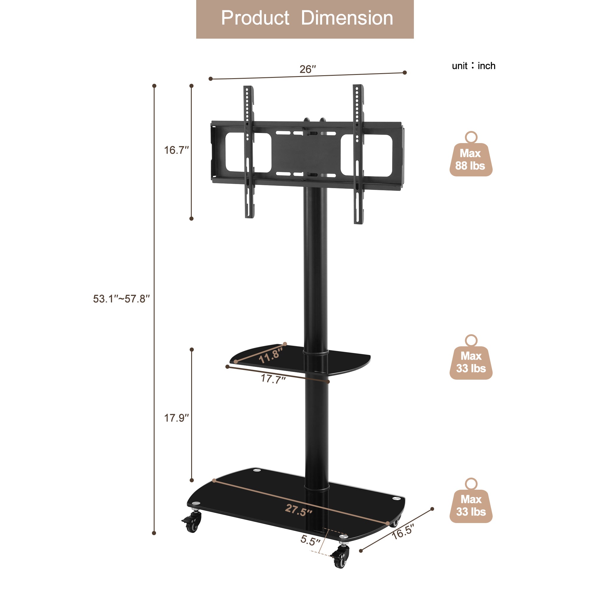 Mobile TV stand with lockable wheels and swivel mount angle view
