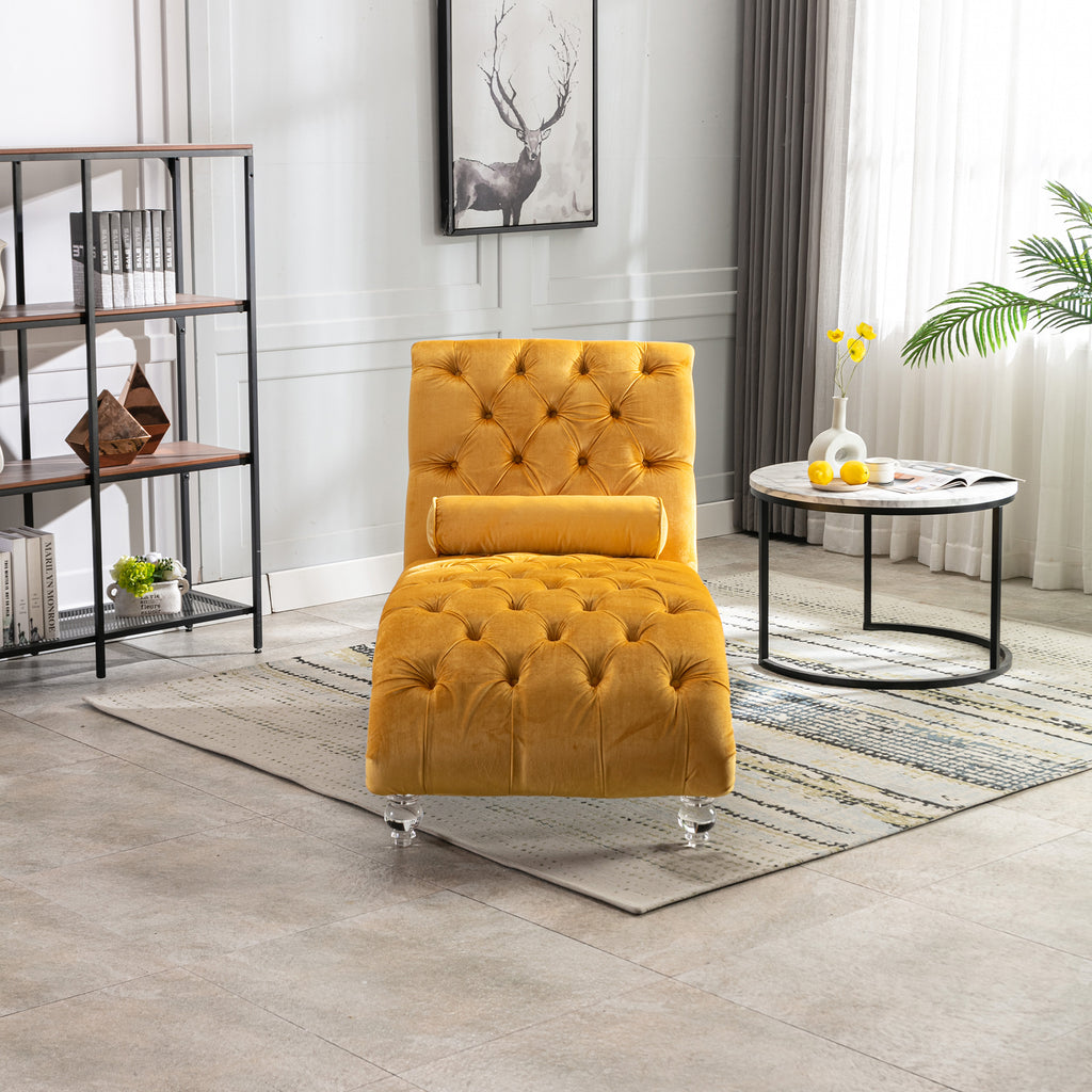 Acrylic leg detail on mustard chaise lounge