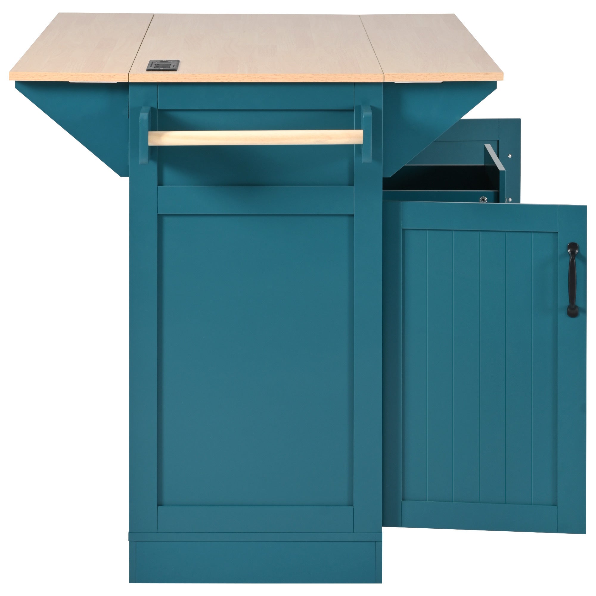 K&K 55.7'' Large Kitchen Island with 2 Drop Leaf,, Rolling Kitchen Cart on 5 Wheels with Power Outlet, Folding Storage Dining Table with Spice & Towel Rack , 3 Drawers, for Kitchen, Dining Room,Black