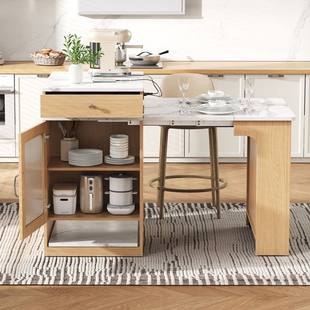 K&K 59.5' Kitchen Island with Extendable Dining Table, Kitchen Storage Table with Double-sided Storage, Kitchen Island with 2 Drawers, Power Outlet, Side Open Shelves, for Kitchen, Dining Room, Black