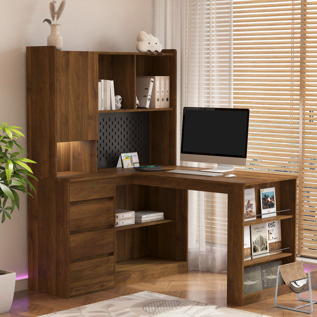 Natural wood L-shaped computer desk with drawers and bookshelf — front view