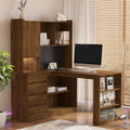 Natural wood L-shaped computer desk with drawers and bookshelf — front view