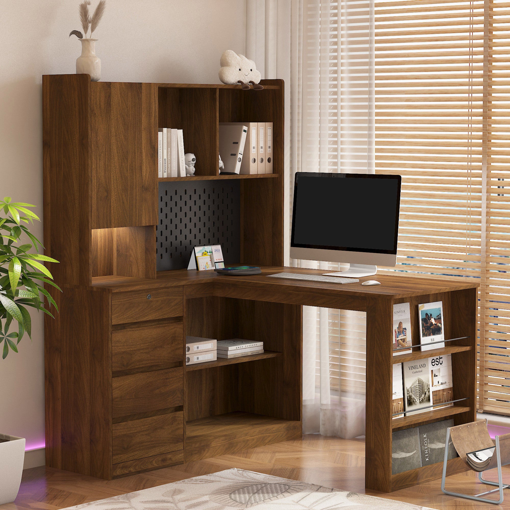 Natural wood L-shaped computer desk with drawers and bookshelf — front view