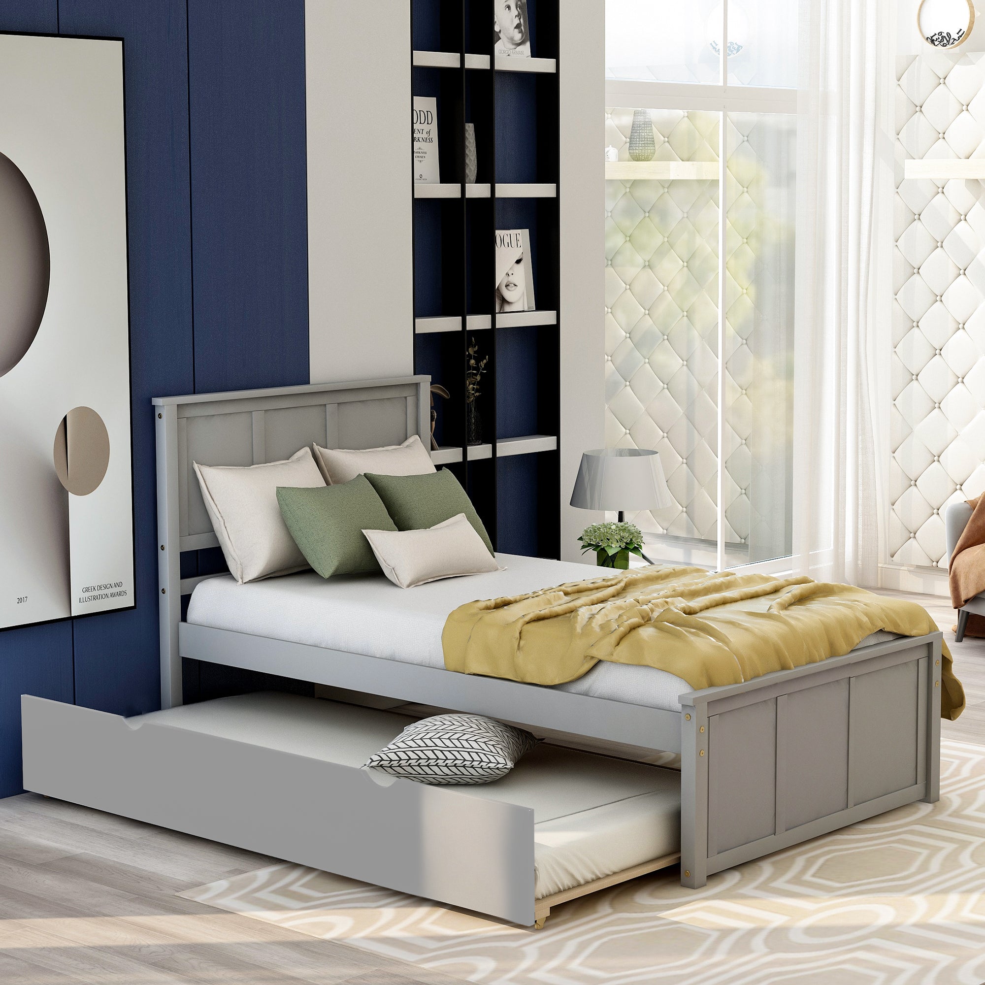 Twin platform bed with pull-out trundle extended