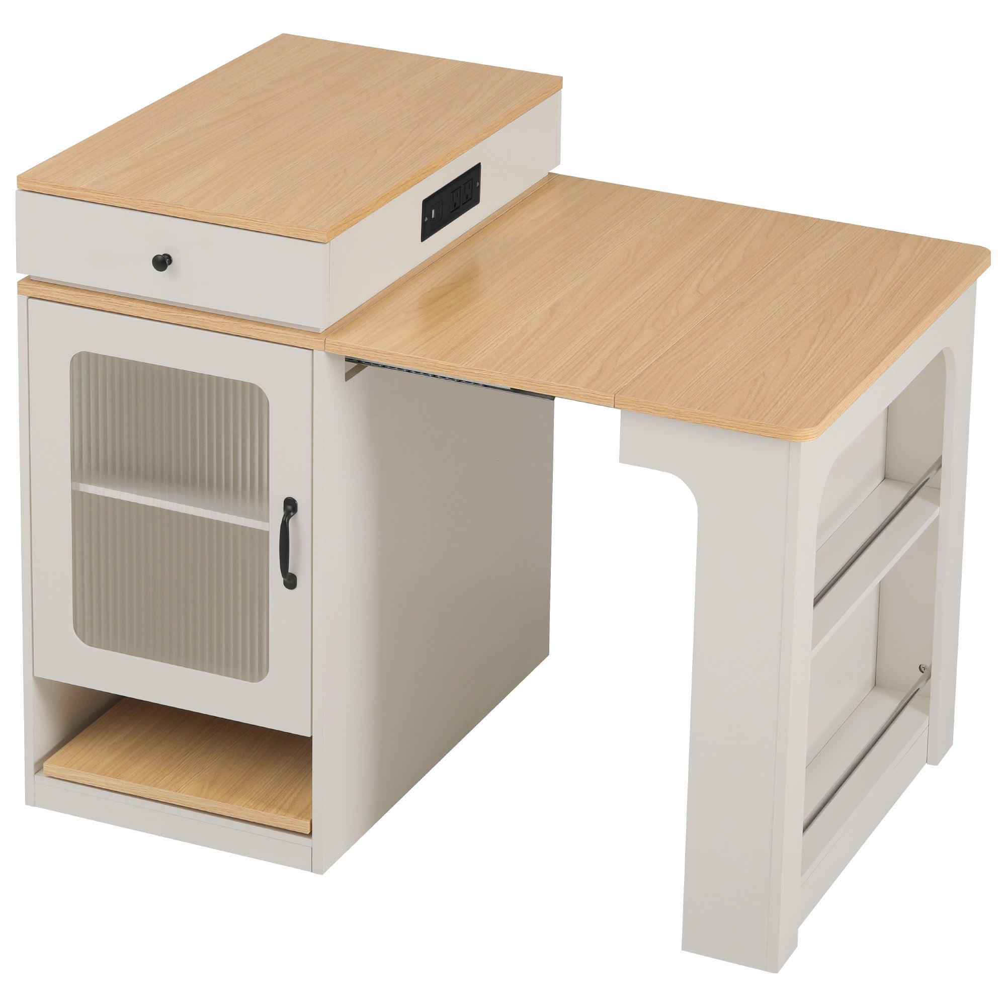 K&K 59.5' Kitchen Island with Extendable Dining Table, Kitchen Storage Table with Double-sided Storage, Kitchen Island with 2 Drawers, Power Outlet, Side Open Shelves, for Kitchen, Dining Room, Black