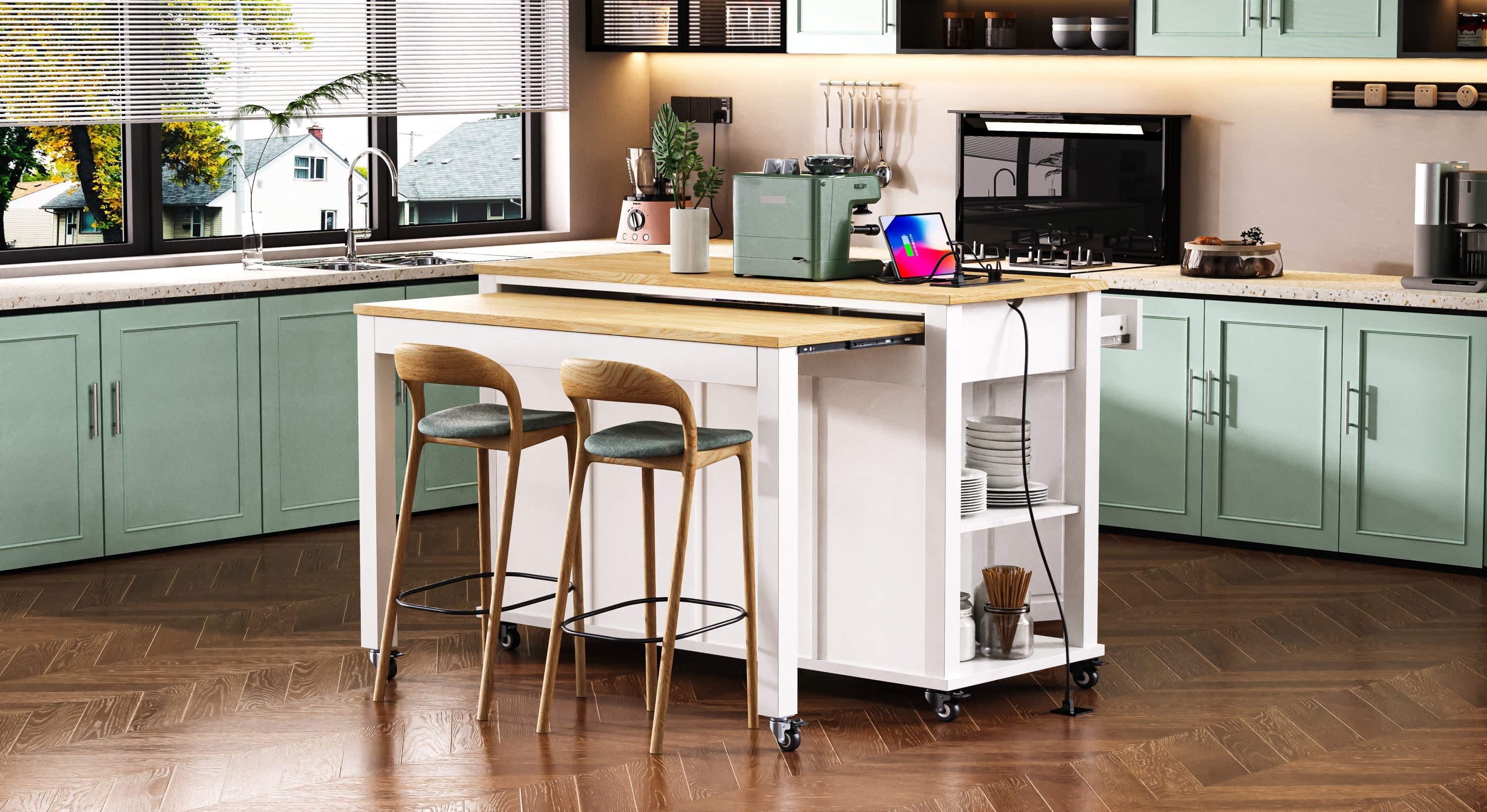 K&K 47 inch Kitchen Island with Extendable Dining Table, Rubber Wood Veneer Kitchen Table with Internal Storage Rack, Power Outlet, Kitchen island with Storage 2 Drawers 2 Cabinet, Black