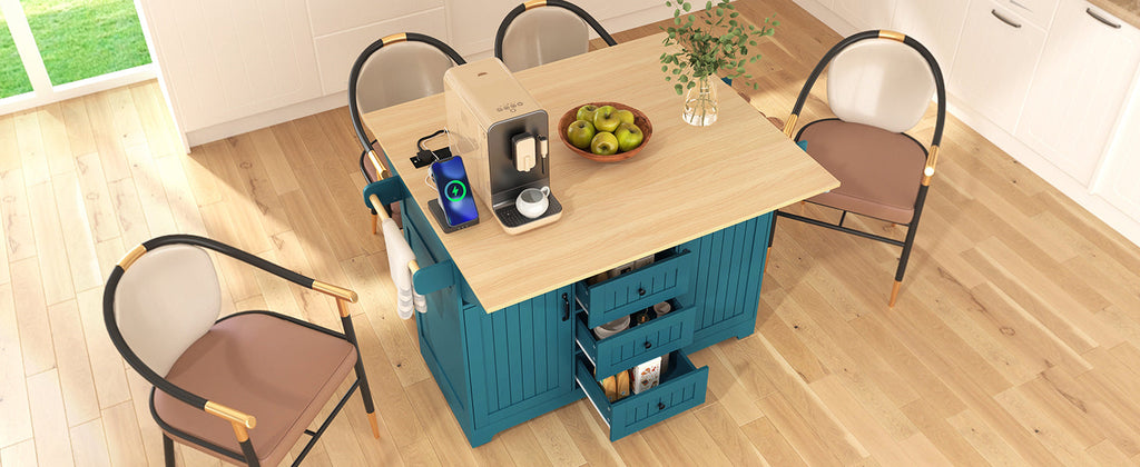 K&K 55.7'' Large Kitchen Island with 2 Drop Leaf,, Rolling Kitchen Cart on 5 Wheels with Power Outlet, Folding Storage Dining Table with Spice & Towel Rack , 3 Drawers, for Kitchen, Dining Room,Black