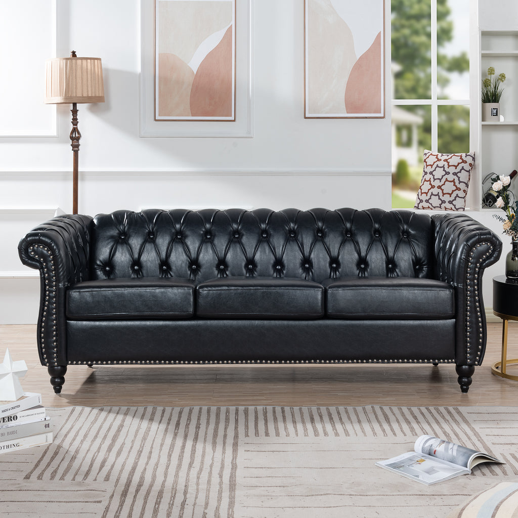 Black PU Chesterfield three-seater sofa — front view