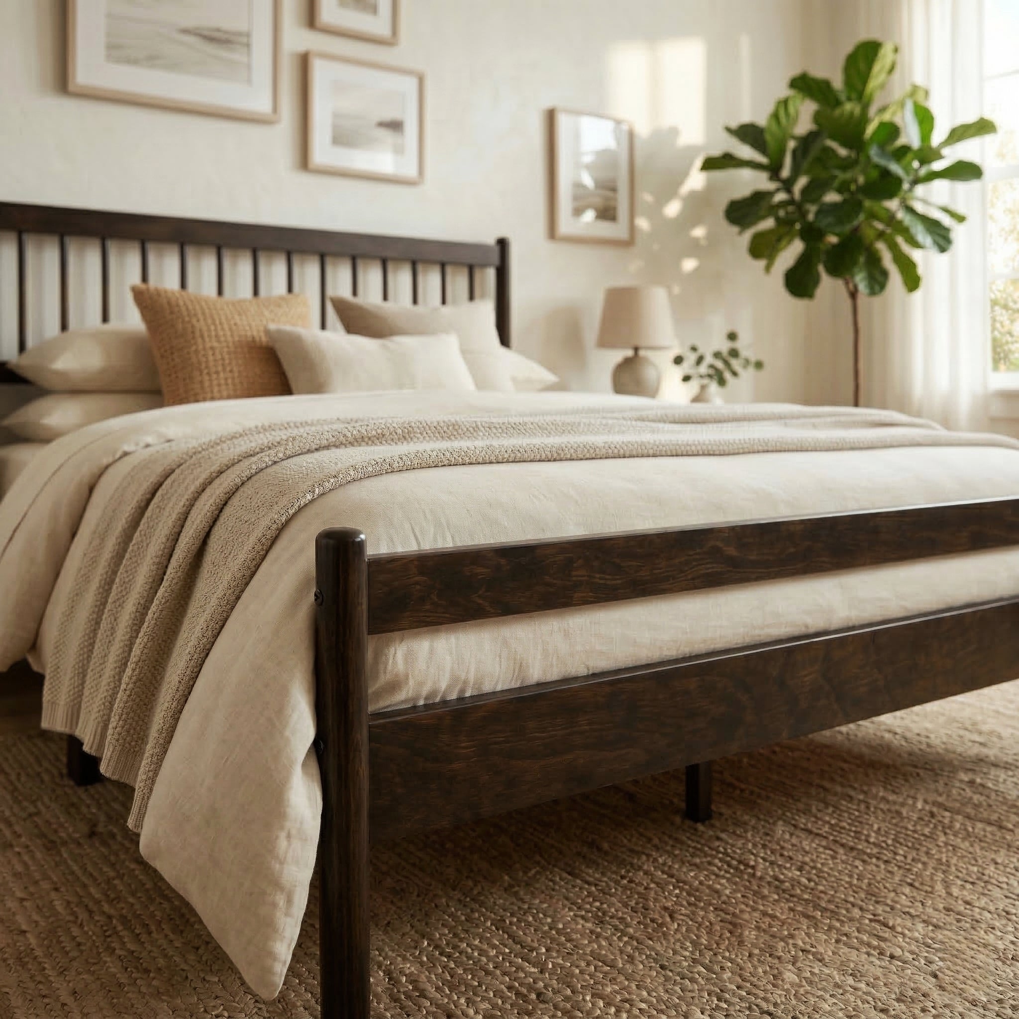Traditional Style Queen Size Bed with Headboard and Footboard, Pinewood Bed with Strengthened Bed Frame ,Walnut