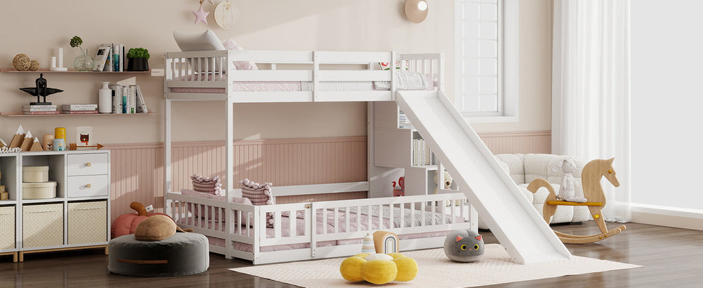 Twin Over Full Bunk Bed with Slide, Storage Staircase, Pine Solid Wooden Bunk Bed with Safety Guardrails ,Grey (Old Sku W504S00184)