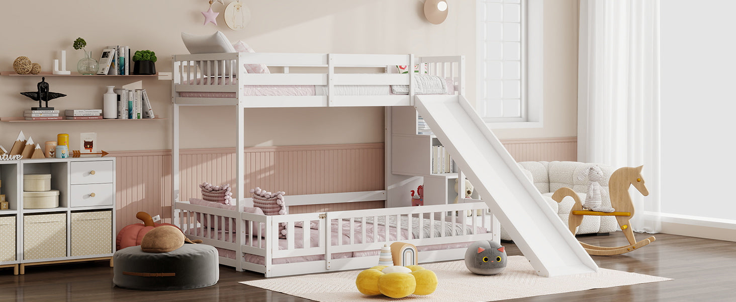 Twin Over Full Bunk Bed with Slide, Storage Staircase, Pine Solid Wooden Bunk Bed with Safety Guardrails ,Grey (Old Sku W504S00184)