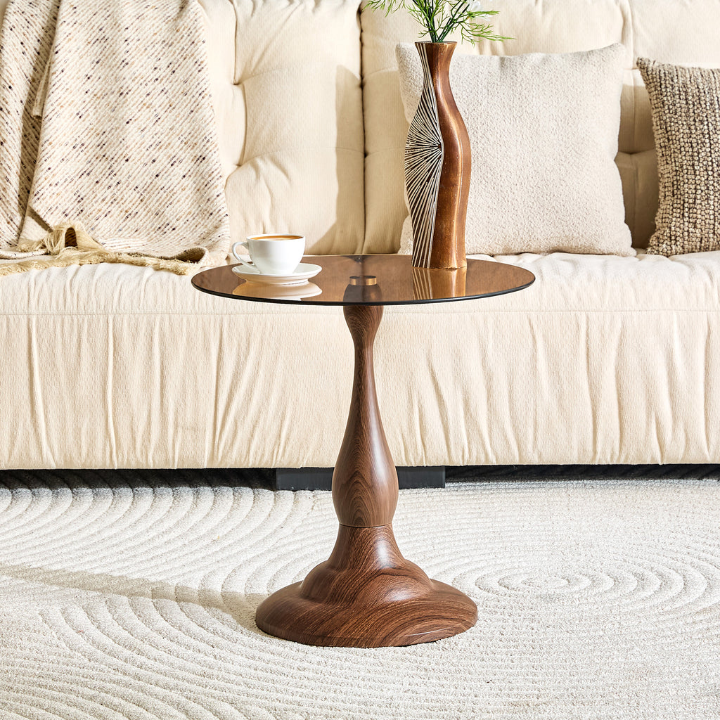 Walnut grain round accent table glass top edge polished detail