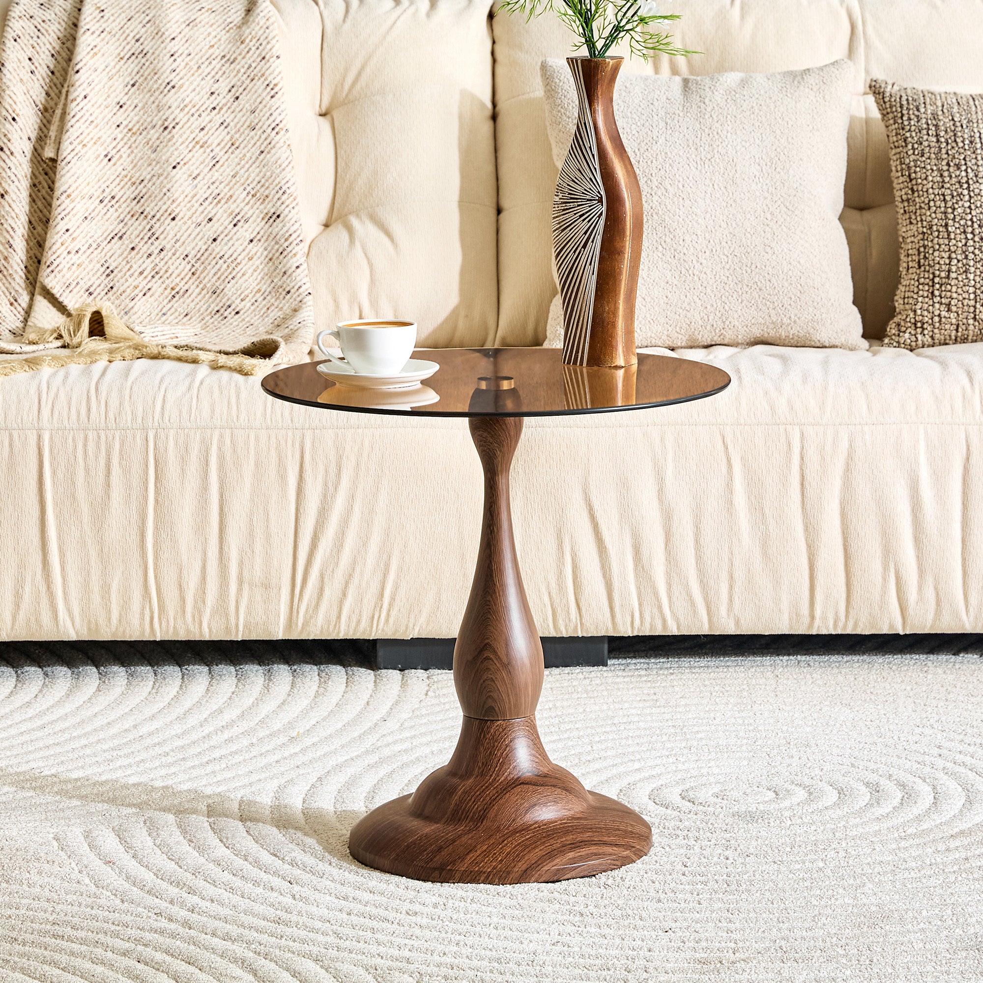 Walnut grain round accent table glass top edge polished detail