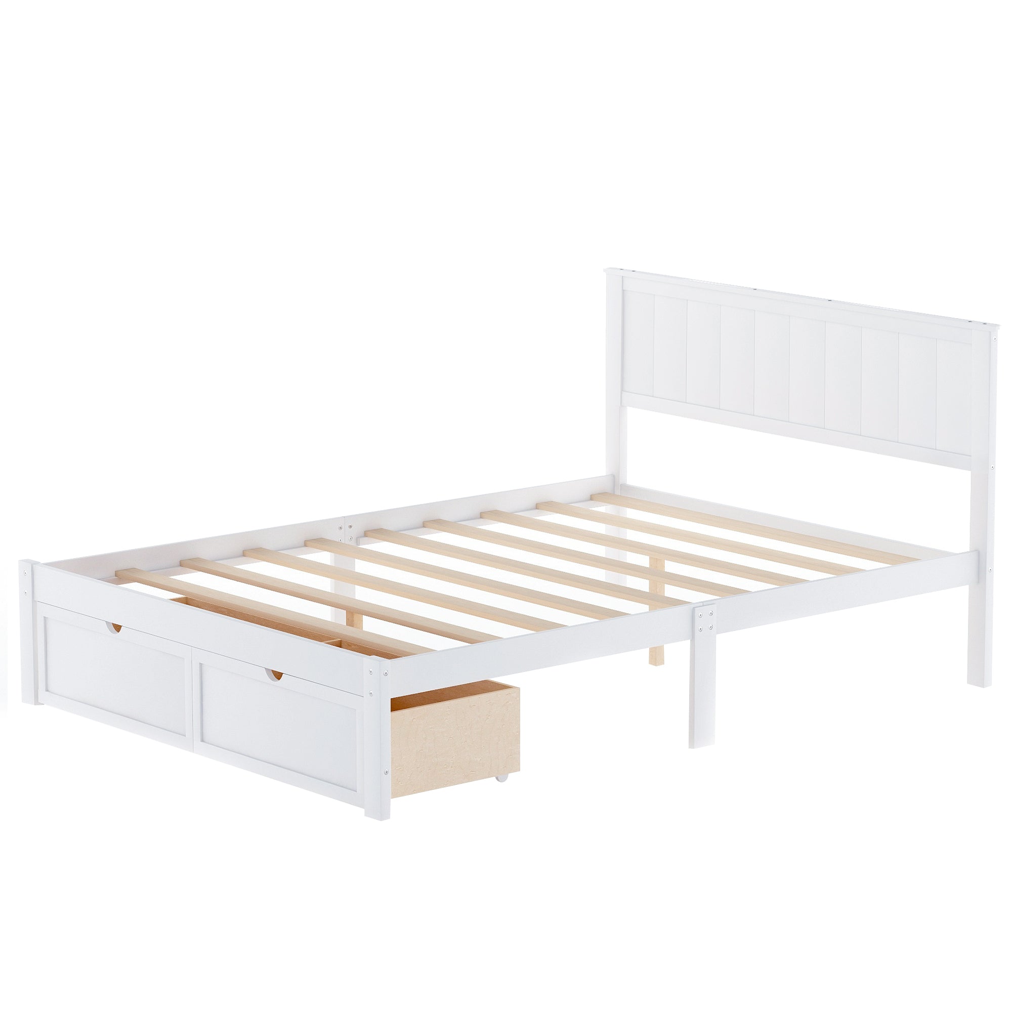 Full size white platform bed with drawer storage — angle view