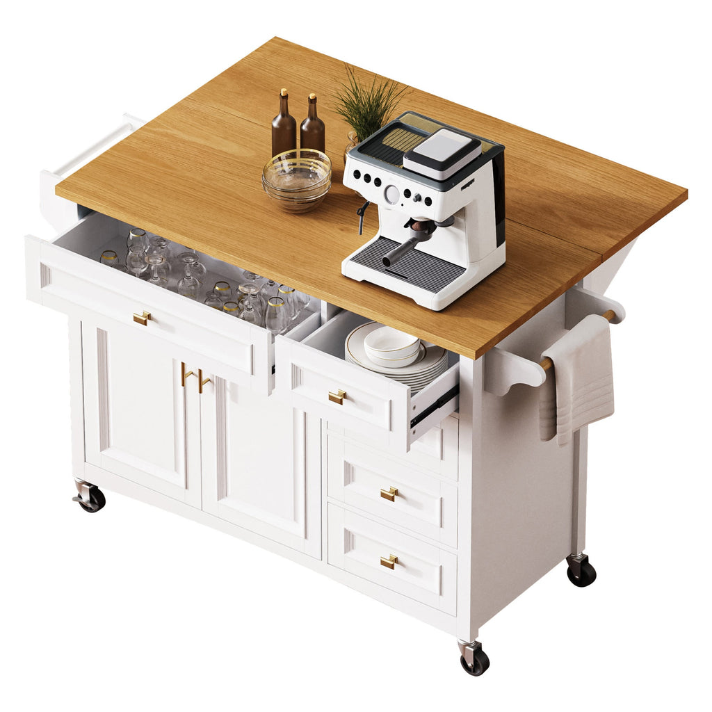 K&K 52'' Kitchen Island with Drop Leaf, Embossed Texture Kitchen Island on Wheels with Spice Rack, Towel Rack, 2 Doors and 5 Drawers, Kitchen Storage Cart with Adjustable Shelf for Kitchen, Blue Grey