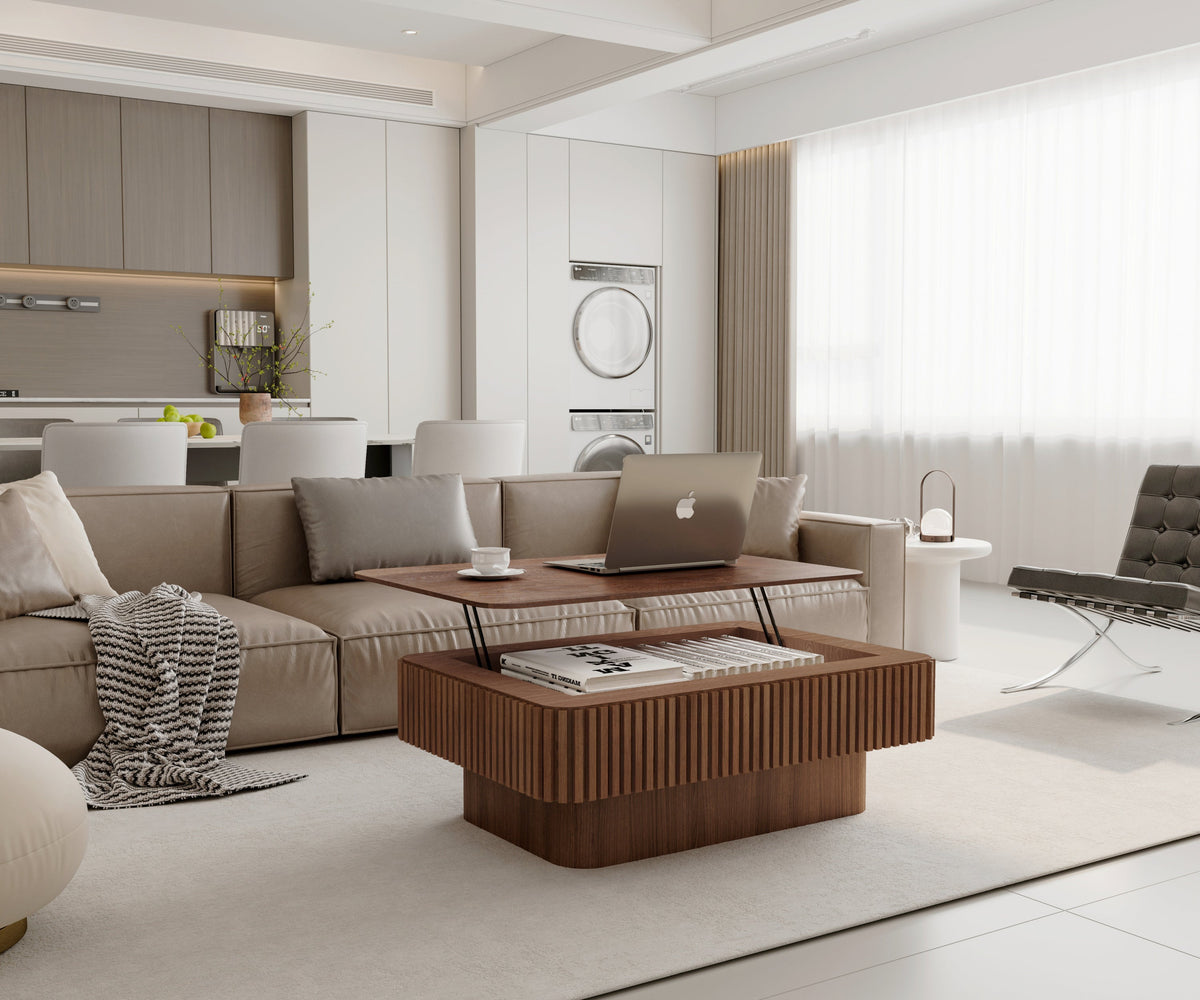 38.6'' Fluted Lift-top Coffee Table Solid Wood Veneered Modern Coffee Table Accent Tea Table with Storage and Adjustable Height for Living Room, Bedroom, Apartment or Office, Grey
