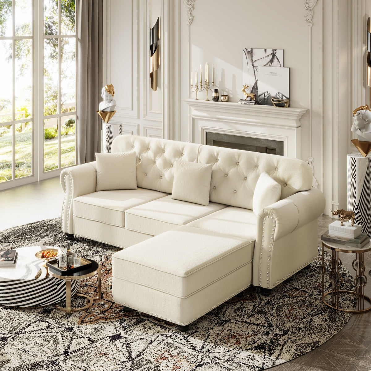 82.6'Upholstered Velvet Sofa with Nailhead Trim and Rolled Armrests,Mid-Century Modern Chesterfield Sofa with Button Tufted,Includes 3 Pillows,Burgundy