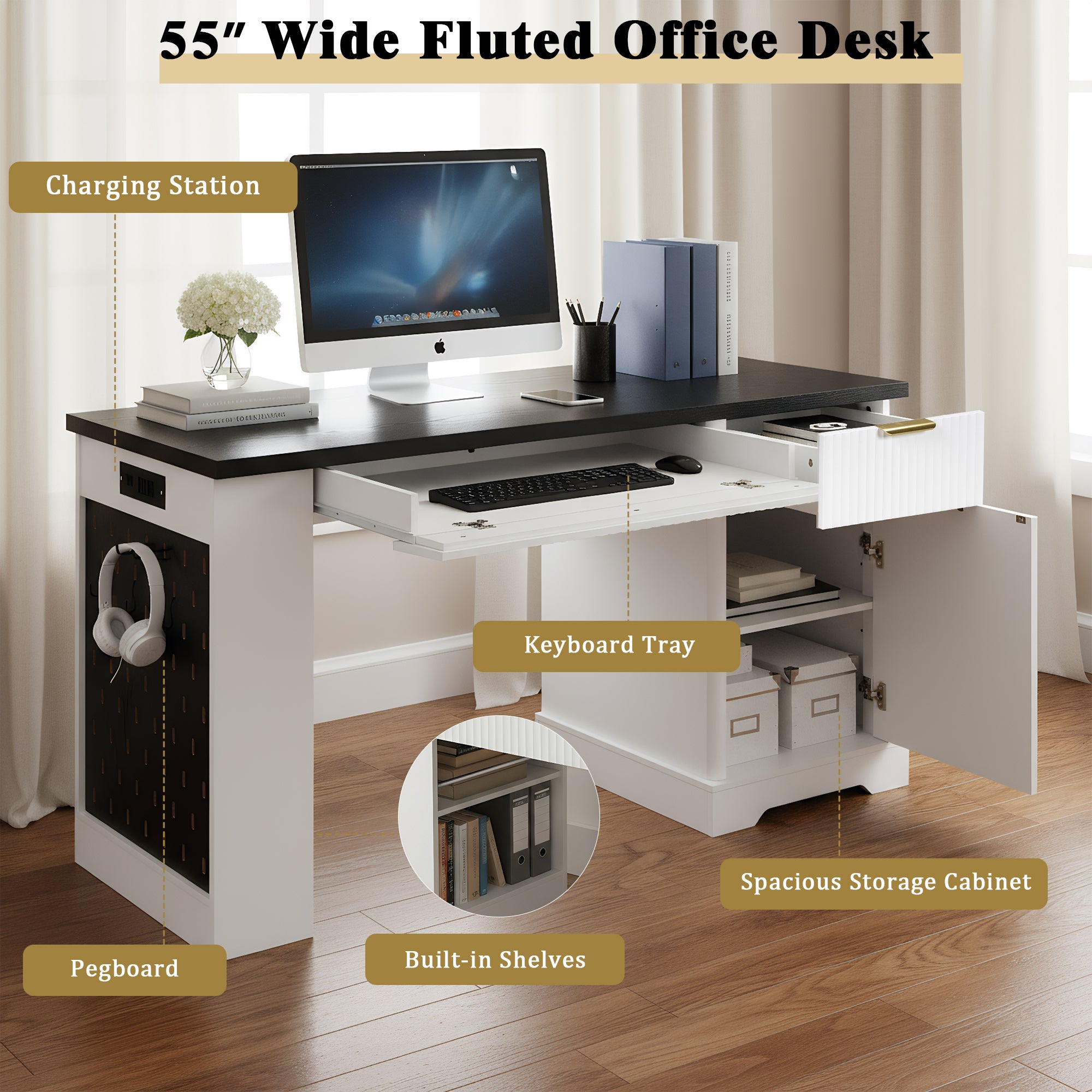 White desk storage cabinet with adjustable shelf interior