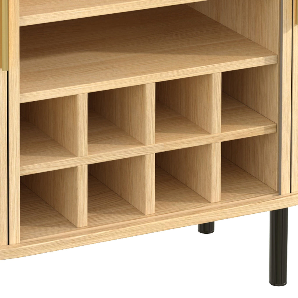 28' Fluted Wine Bar Cabinet with 8-Grid Wine Rack, 5-Level Adjustable Shelves, 2 Glass Holders, Smoothly Sliding Tambour Doors, 4 Hidden Storage Space on the Side, Modern Liquor Coffee Station, Black