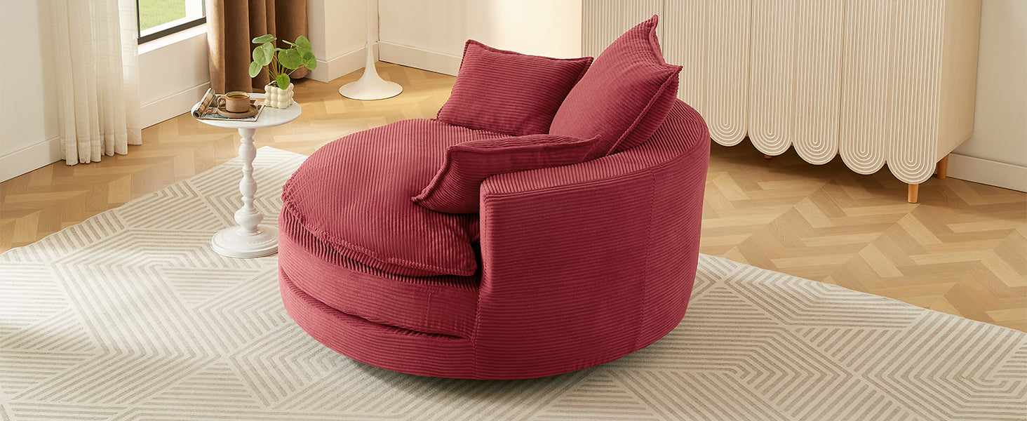 Corduroy Swivel Barrel Chair — 360° with Removable Pillows