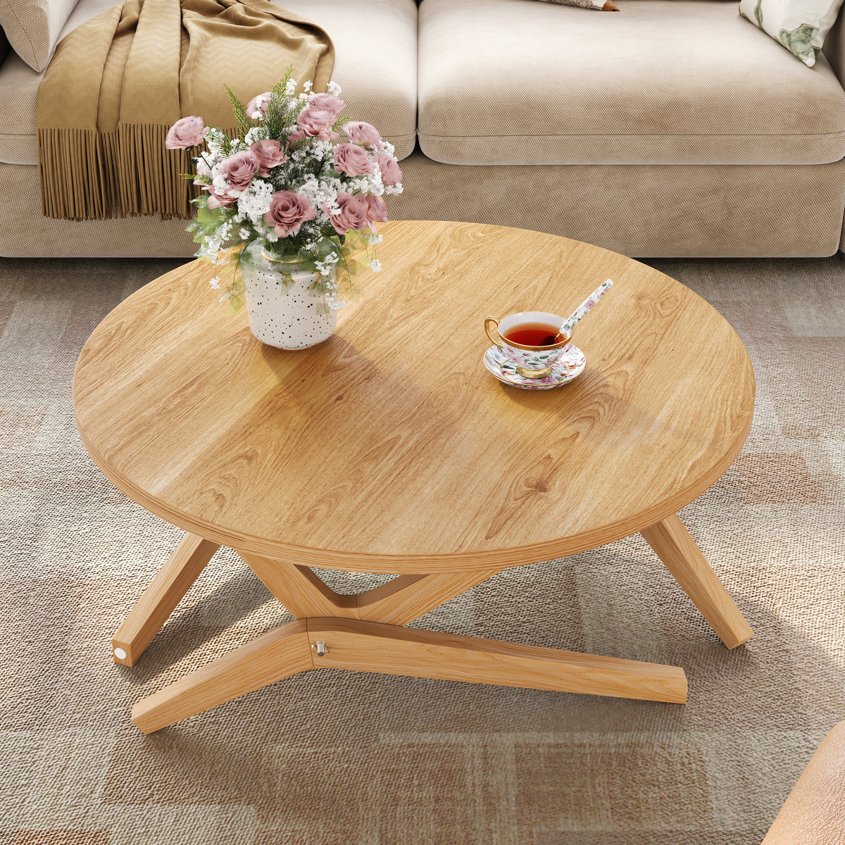Round 2-in-1 Transformer Coffee Table with Adjustable Height, 16.5' for Coffee Table, 29.5' for Cocktail Table, Solid Wood, 34.5'