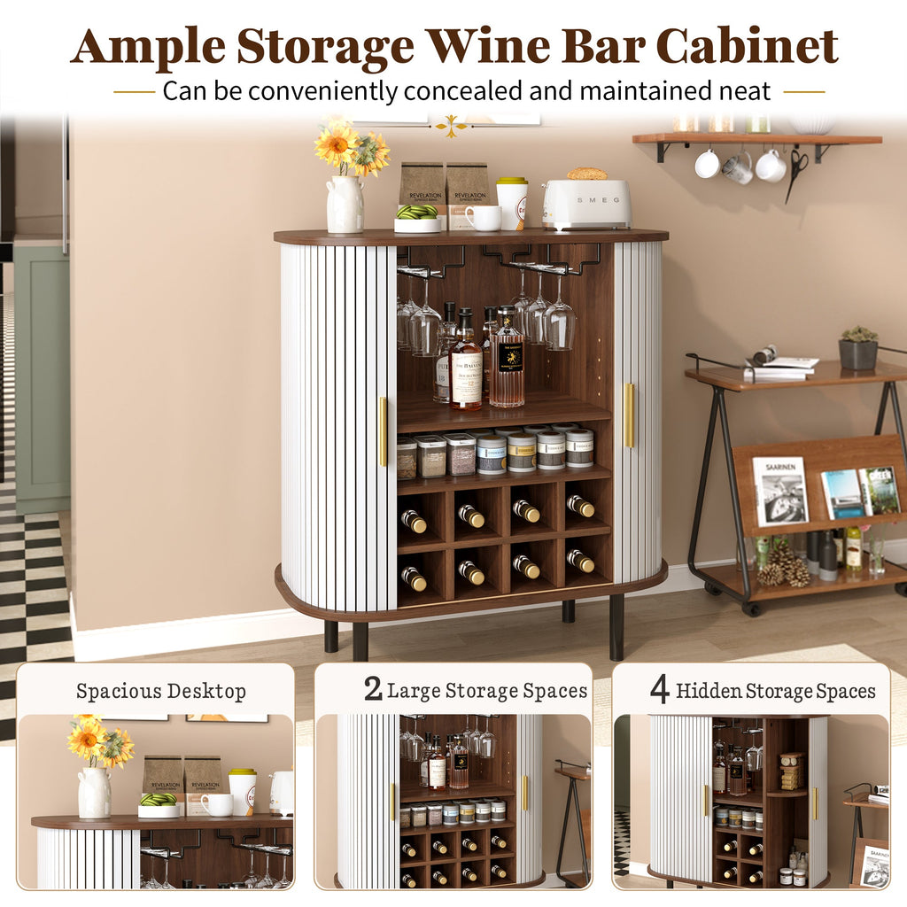 28' Fluted Wine Bar Cabinet with 8-Grid Wine Rack, 5-Level Adjustable Shelves, 2 Glass Holders, Smoothly Sliding Tambour Doors, 4 Hidden Storage Space on the Side, Modern Liquor Coffee Station, Black