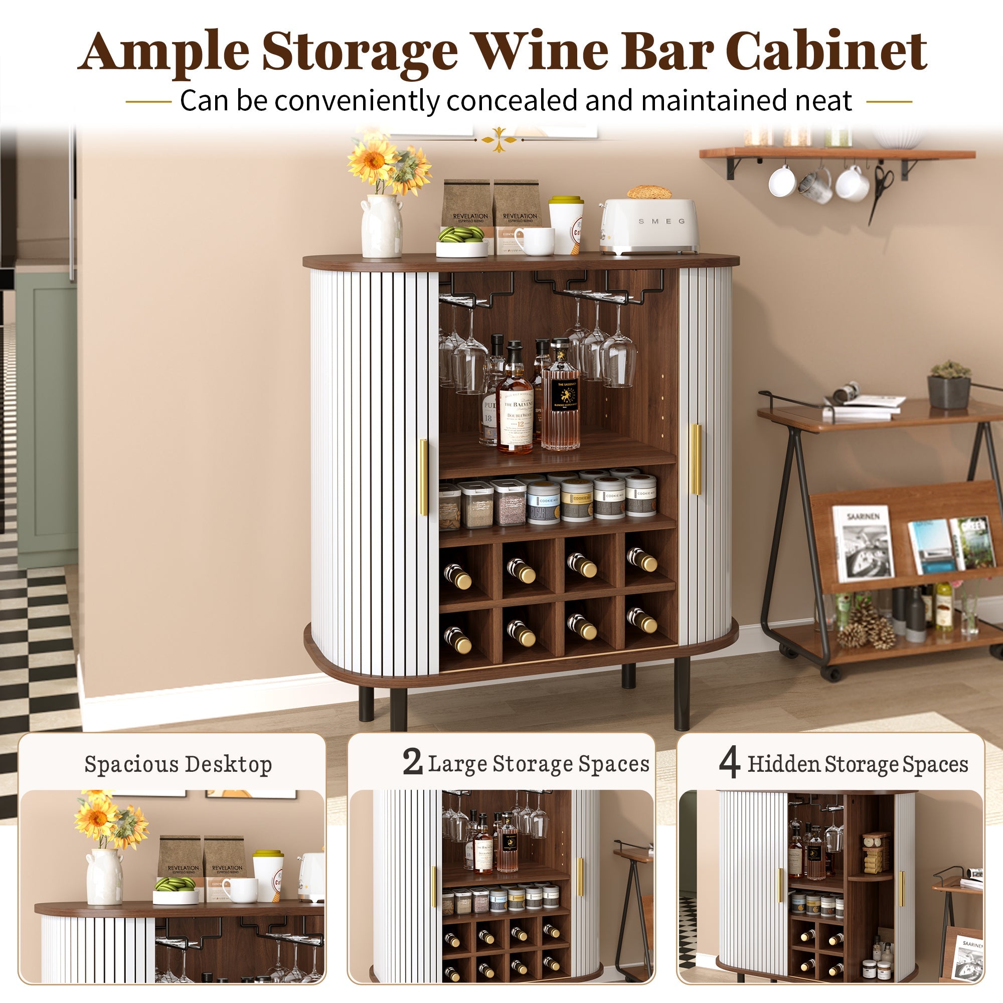 28' Fluted Wine Bar Cabinet with 8-Grid Wine Rack, 5-Level Adjustable Shelves, 2 Glass Holders, Smoothly Sliding Tambour Doors, 4 Hidden Storage Space on the Side, Modern Liquor Coffee Station, Black