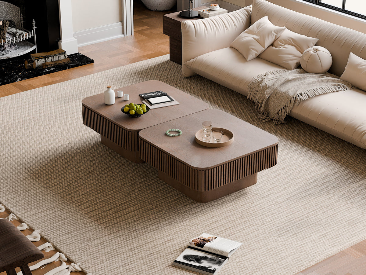 31.5'' Square Coffee Table with Storage Solid Wood Veneered Modern Coffee Table Accent Tea Table for Living Room, Bedroom, Apartment or Office, Natural Wood