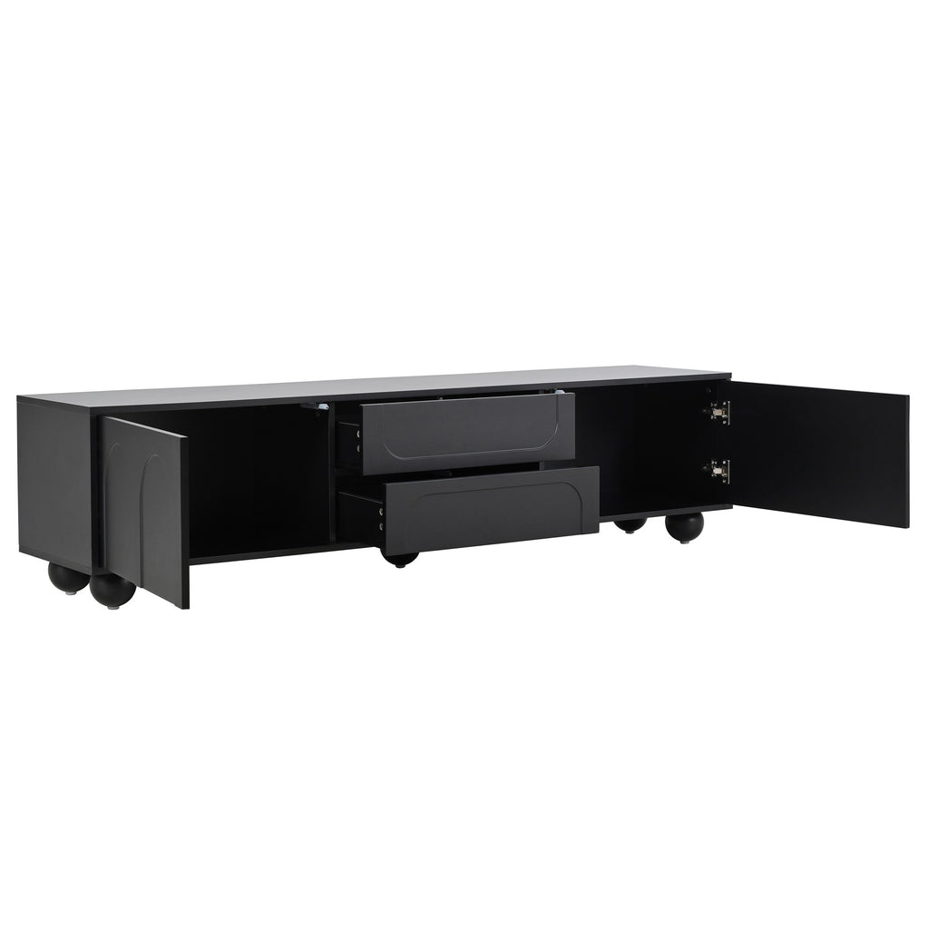 Iron round leg detail on black TV stand
