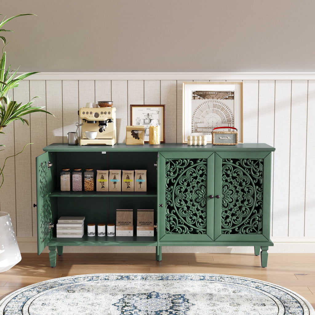 60' Antique Buffet Cabinet with Floral Carvings with Solid Wood Legs&Antique Brass Handles&Adjustable Shelves, TV Stand for 65''+ TV, Sideboard for Living Room,Dining Room (Antique Grey White)