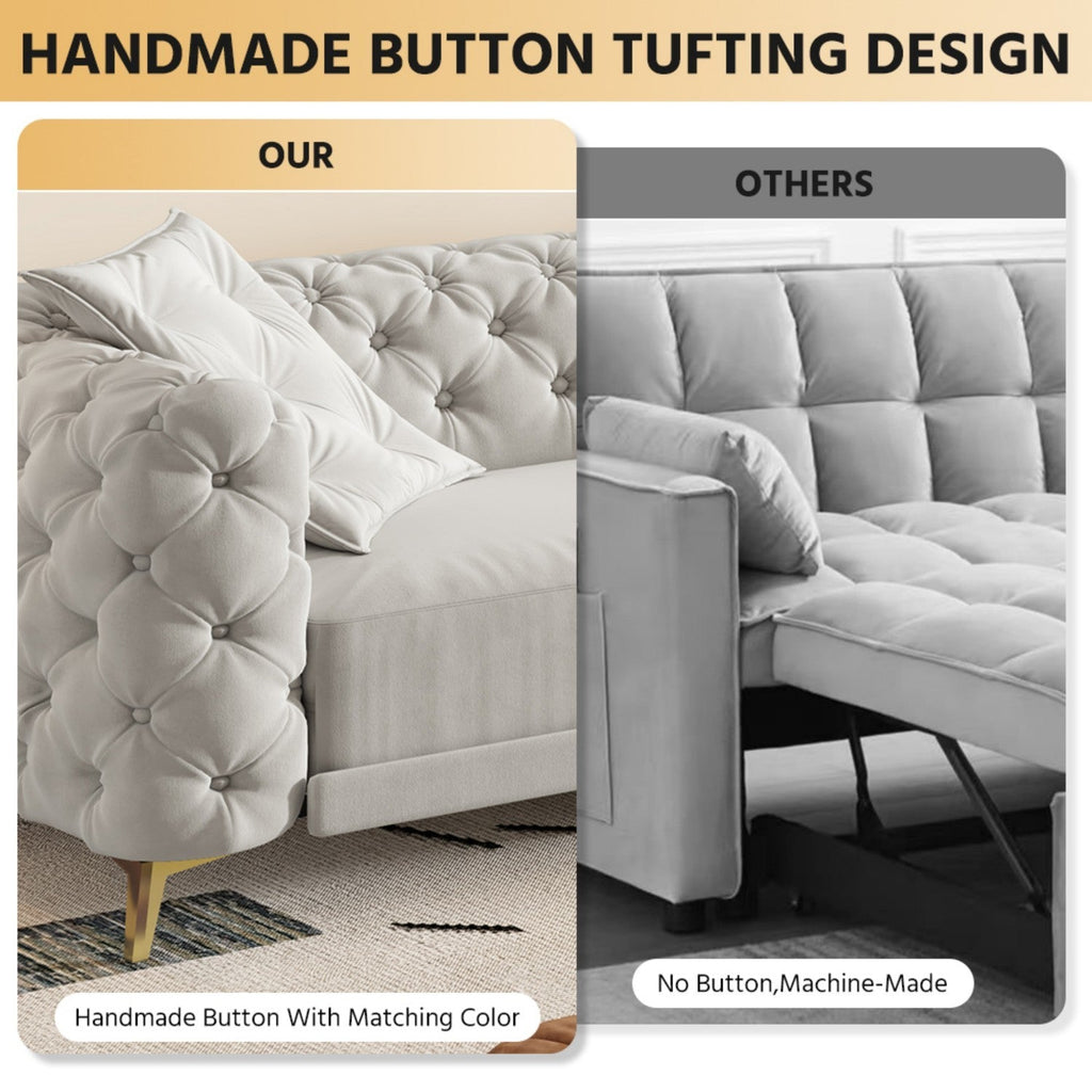 97.7' 3-in-1 Convertible Sleeper Sofa, 28.4' Deep Seat Pull Out Sofa Bed,Button Tufted Modern Sofa, 4-Seater Couch with Movable Ottoman for Apartment, Office, Bedroom,Beige/White