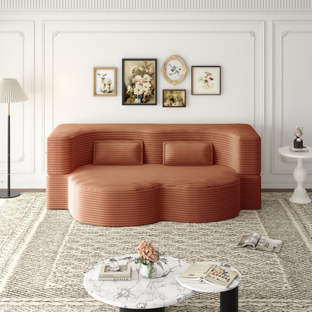 Modern Floor Sofa with 2 Pillows, Convertible Plush Corduroy Foam-Filled Sleeper Sofa Bed,15 ' Full Size Folding Mattress for Living Room, Guest Bed, no assembly required, Light Grey