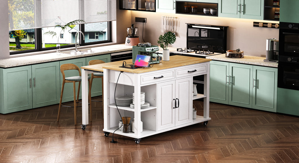 K&K 47 inch Kitchen Island with Extendable Dining Table, Rubber Wood Veneer Kitchen Table with Internal Storage Rack, Power Outlet, Kitchen island with Storage 2 Drawers 2 Cabinet, Black