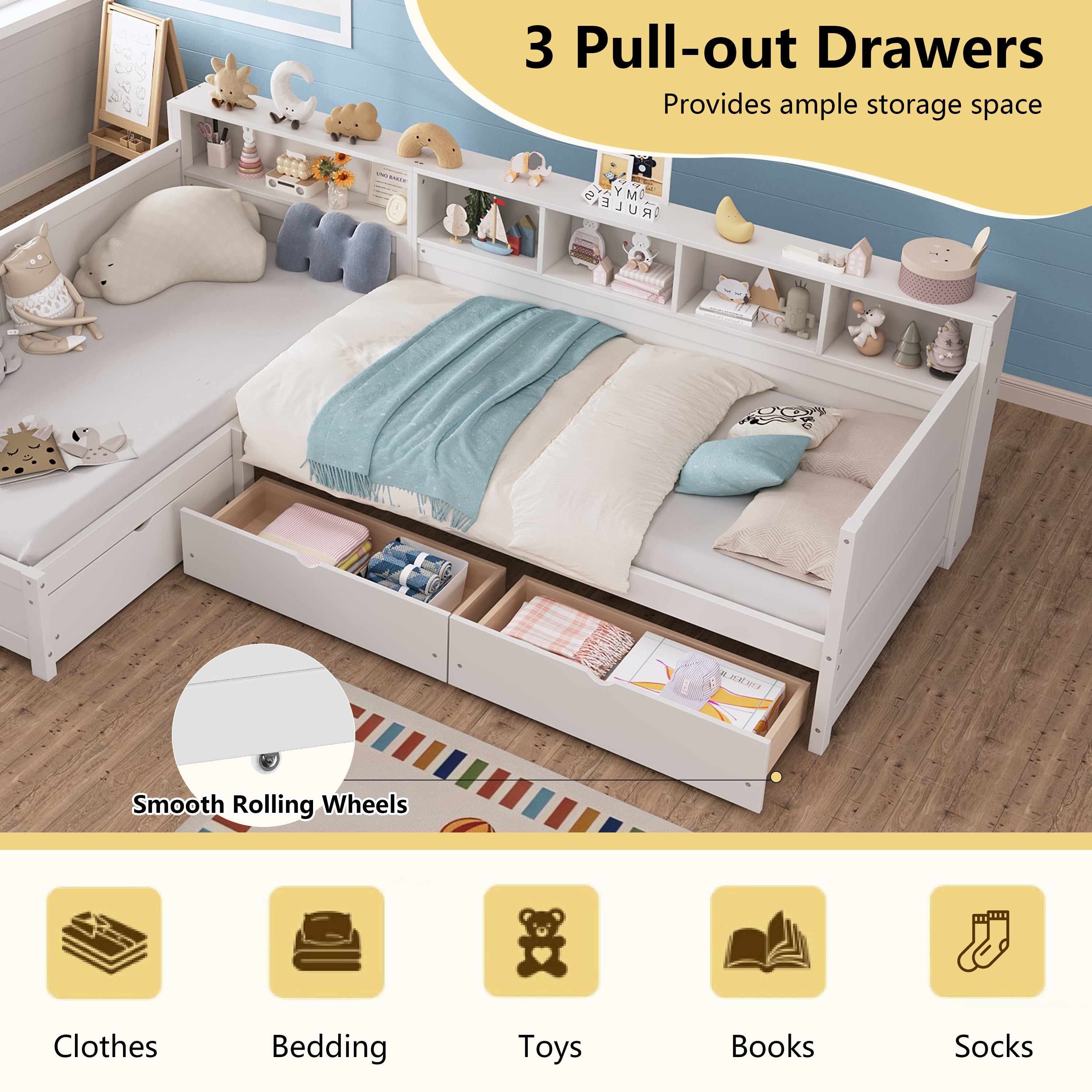 Twin Size Day Bed for 2, L- Shape Twin Size Bed Frame with Storage 3 Drawers, Wooden Corner Bed with Bookshelf, Corner Bed Frame For Bedroom, Living Room,Grey