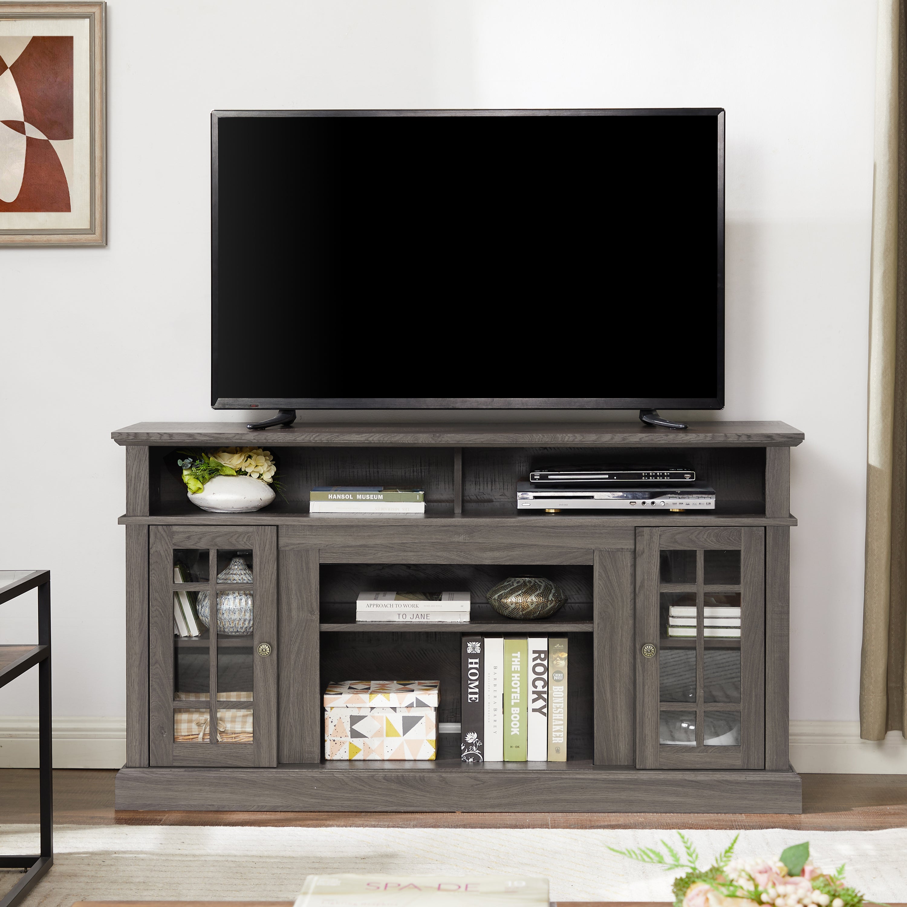 Classic TV Media Stand Modern Entertainment Console for TV Up to 65' with Open and Closed Storage Space, Espresso, 58.25'W*15.75'D*32'H