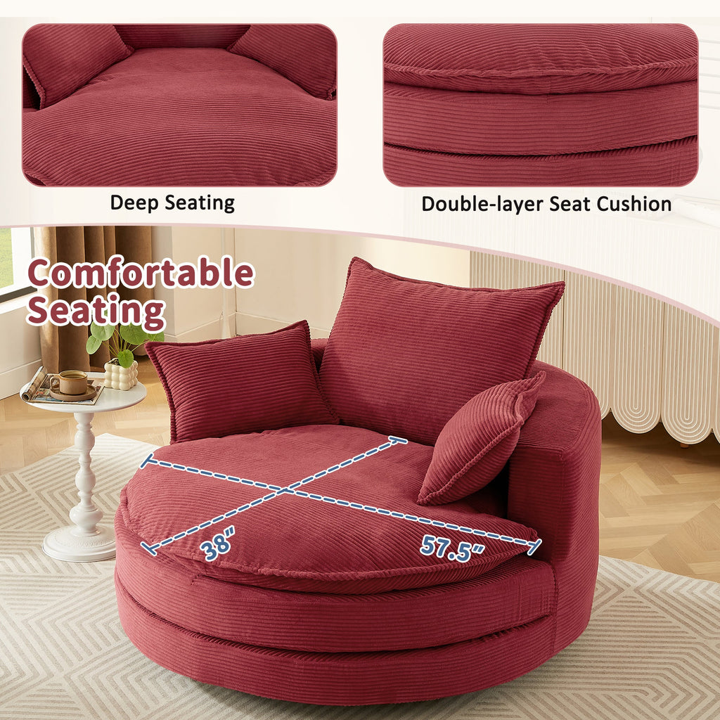 Corduroy Swivel Barrel Chair — 360° with Removable Pillows