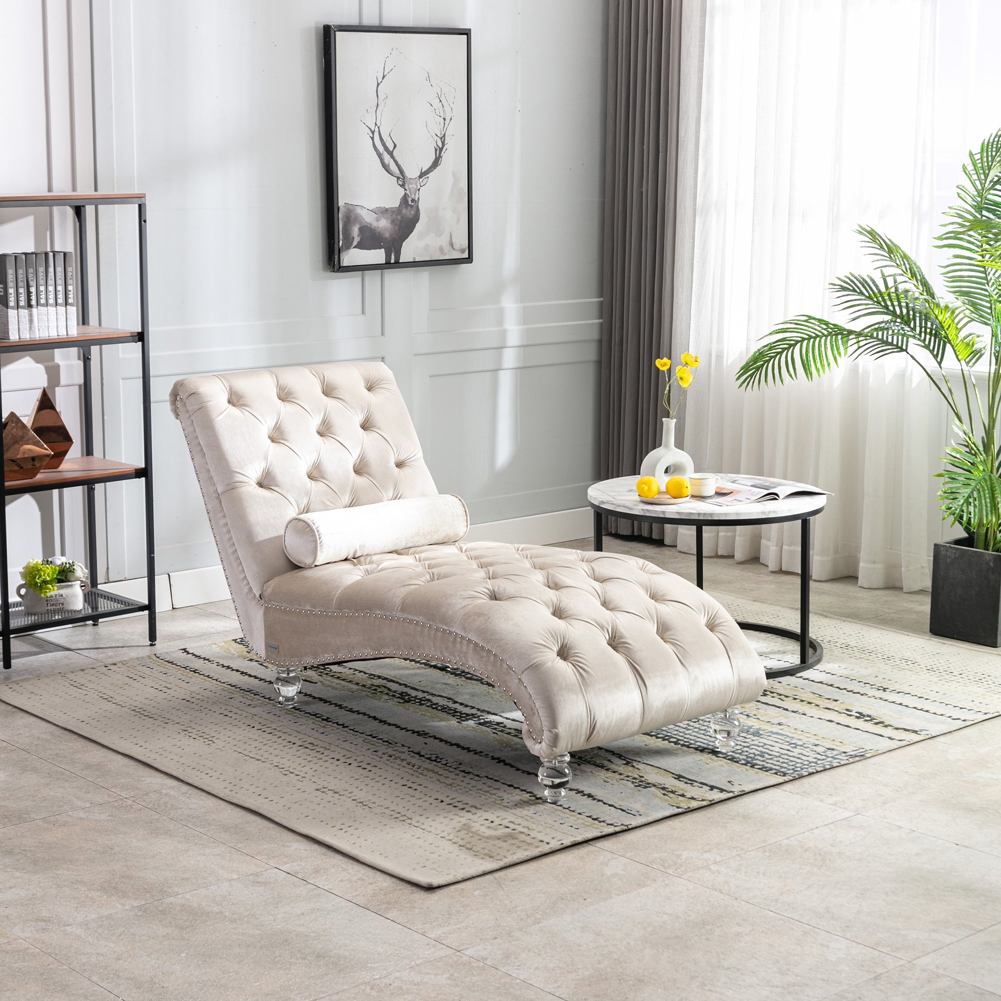 Velvet Chaise Lounge — Button-Tufted with Pillow