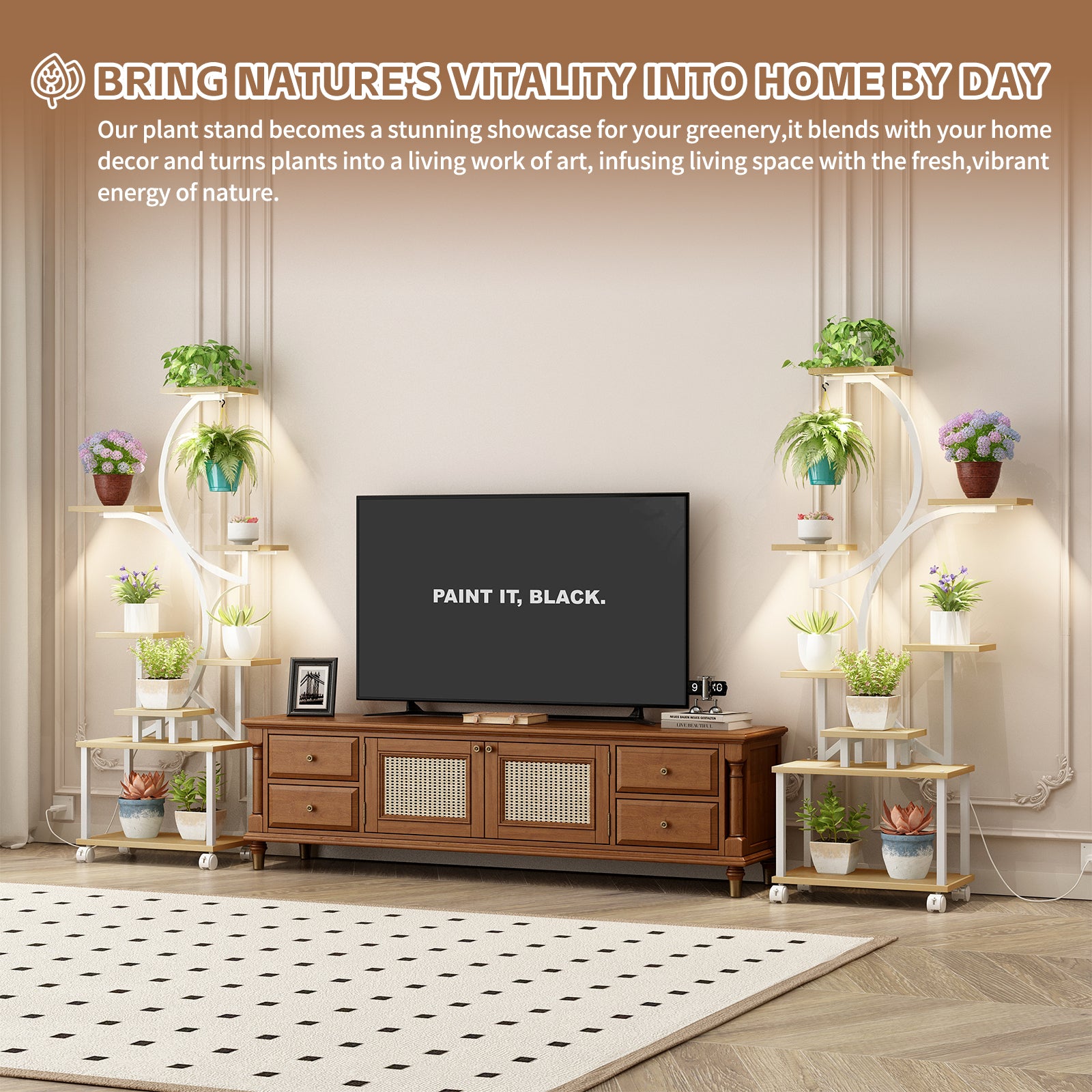 Natural finish tiered plant shelf corner living room setting