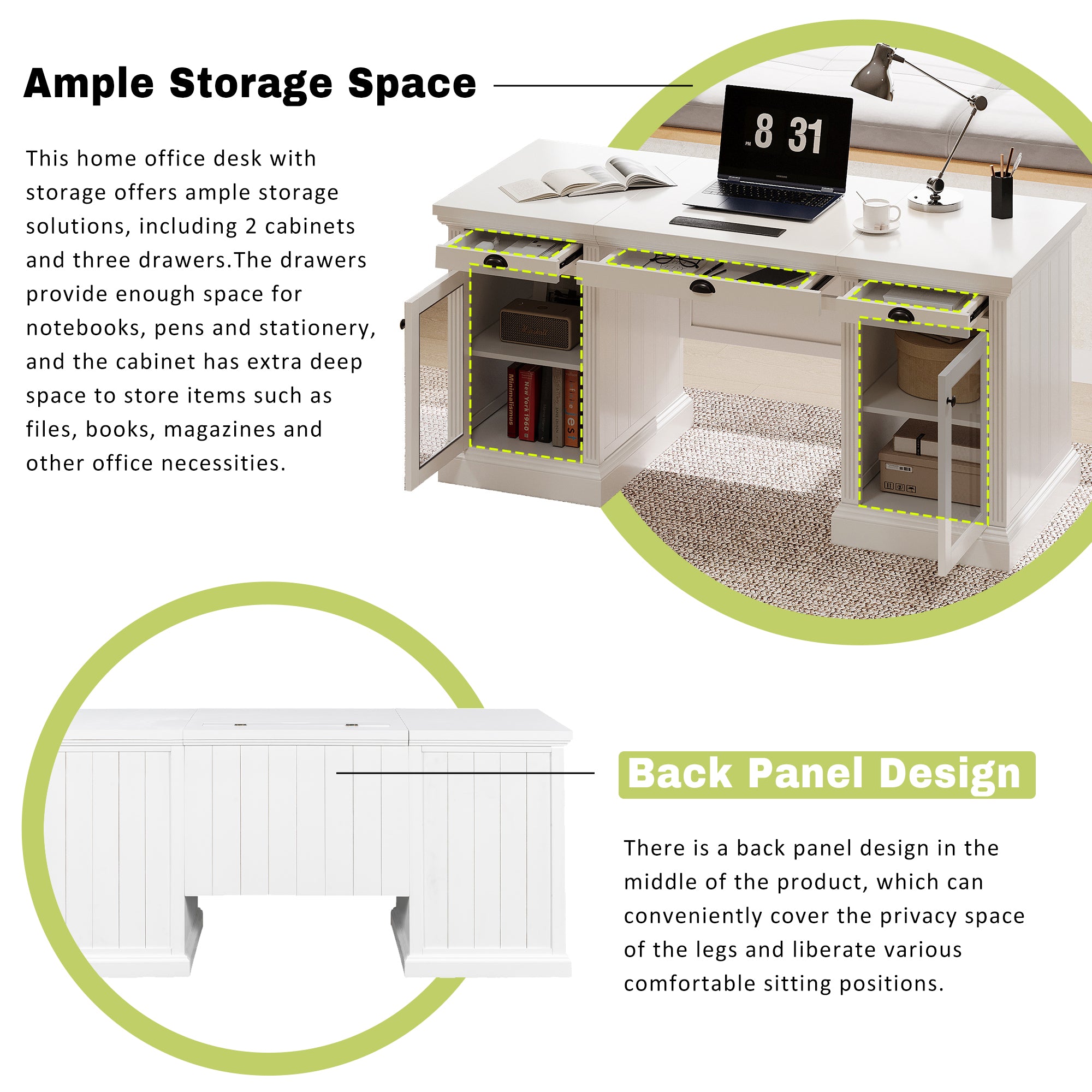 White executive desk glass door storage cabinet detail