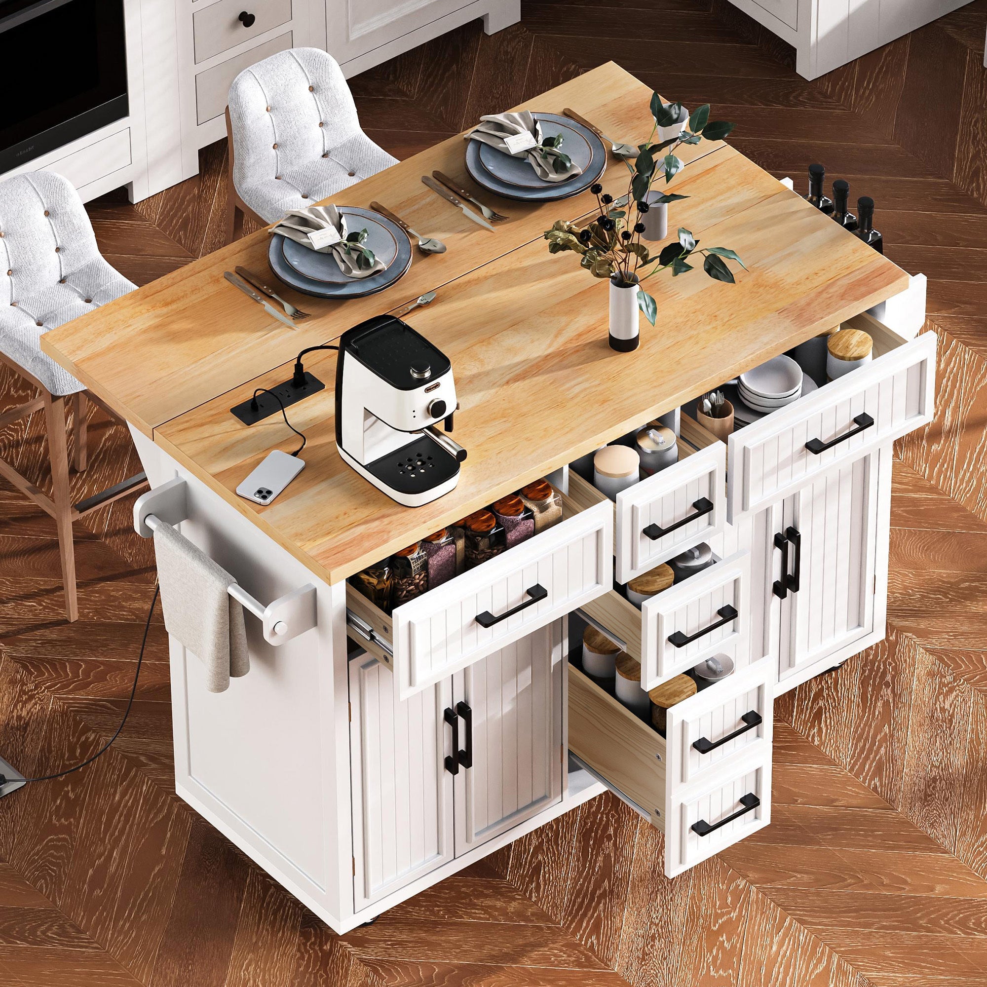 K&K 56.5'' Kitchen Island with Drop Leaf, Power Outlet, Embossed Vertical Stripe Rolling Kitchen Cart on Wheels with 4 Doors , 5 Deep Drawers and Adjustable Shelves, for Kitchen, Dining Room, Black