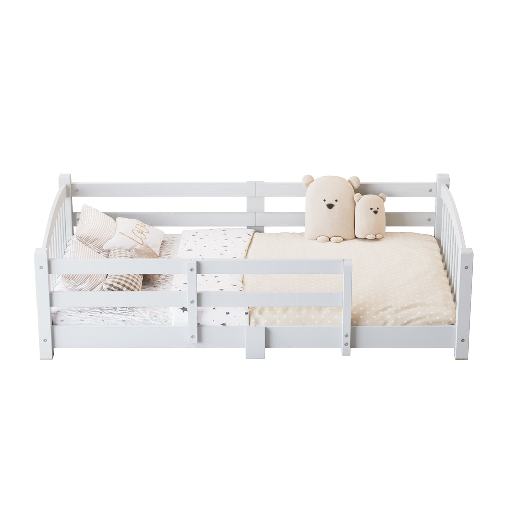 Twin Montessori Floor Bed with Slats and Safety Guardrails, Solid Wood Floor Bed with Fence and Without Door, Easy Assemble Montessori Bed for Girls and Boys, Gray