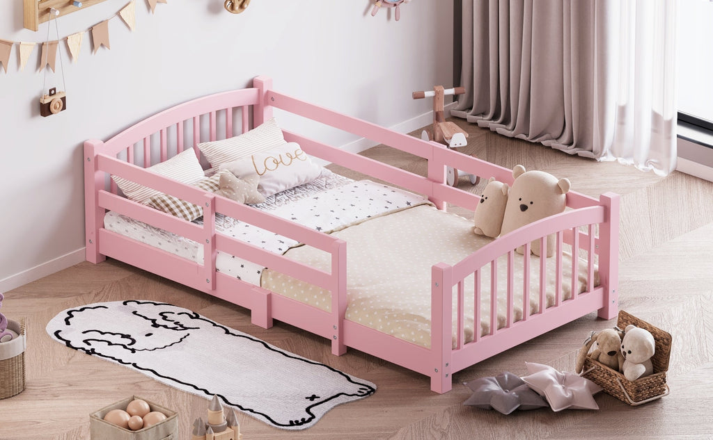 Twin Montessori Floor Bed with Slats and Safety Guardrails, Solid Wood Floor Bed with Fence and Without Door, Easy Assemble Montessori Bed for Girls and Boys, Gray