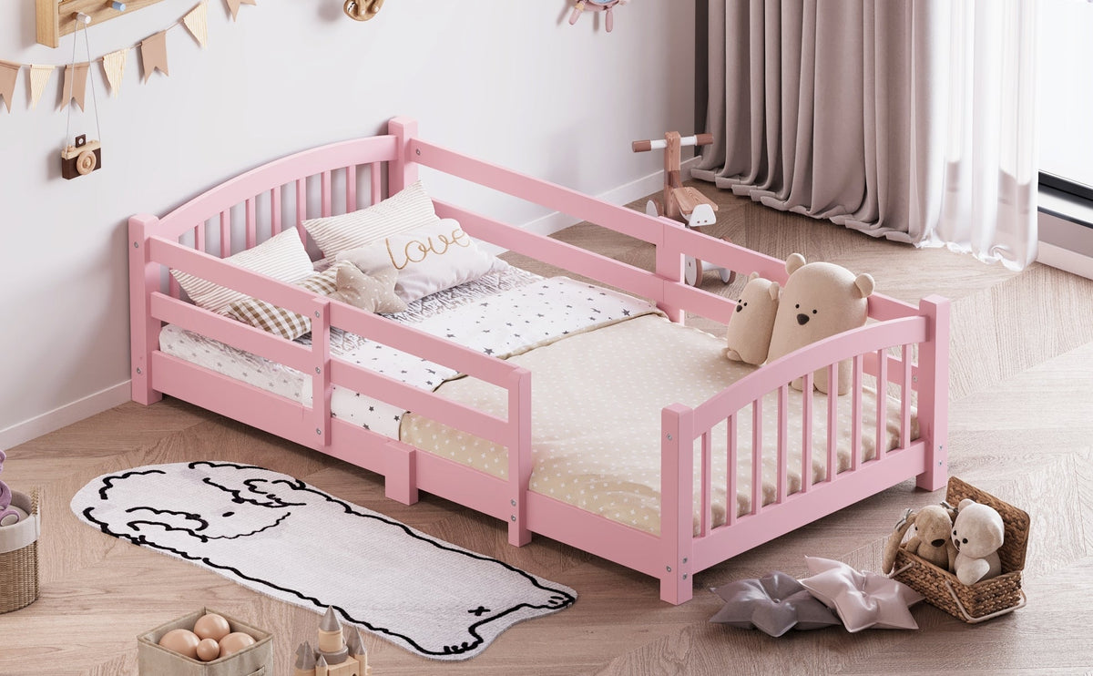 Twin Montessori Floor Bed with Slats and Safety Guardrails, Solid Wood Floor Bed with Fence and Without Door, Easy Assemble Montessori Bed for Girls and Boys, Gray