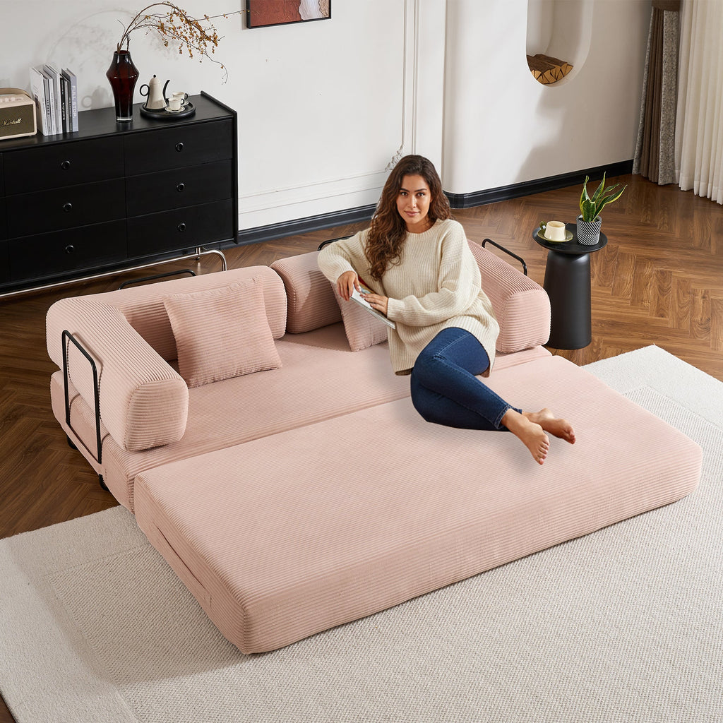 Convertible Sleeper Sofa Bed with Cylindrical Pillow, Corduroy Folding Mattress Couch with Fixed-Shape Frame, Floor Sofa Lounge Couch for Living Room Bedroom Black