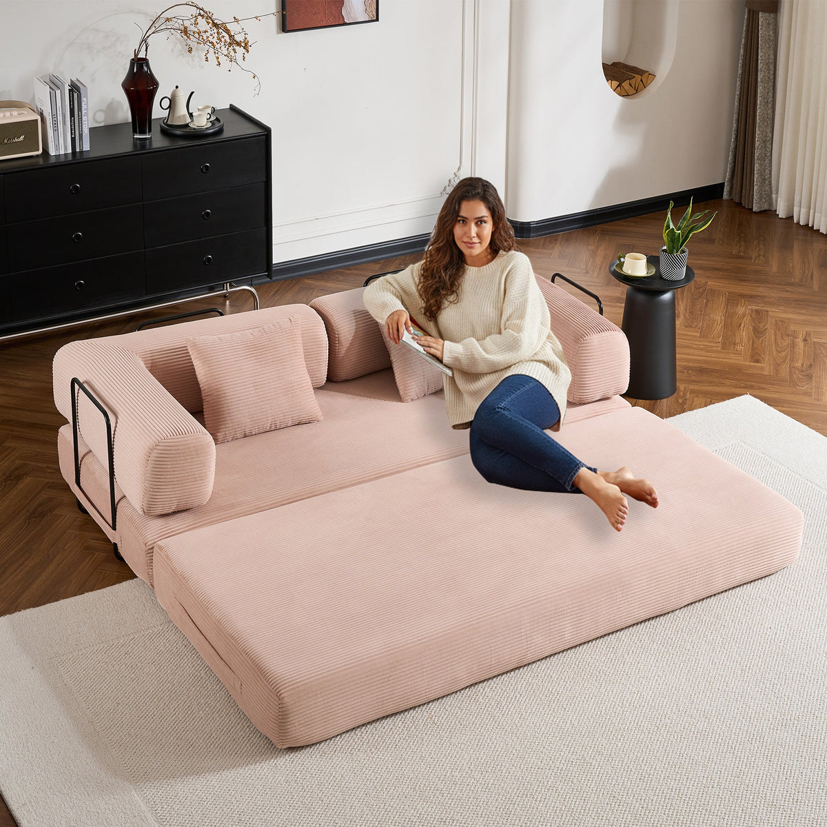 Convertible Sleeper Sofa Bed with Cylindrical Pillow, Corduroy Folding Mattress Couch with Fixed-Shape Frame, Floor Sofa Lounge Couch for Living Room Bedroom Black