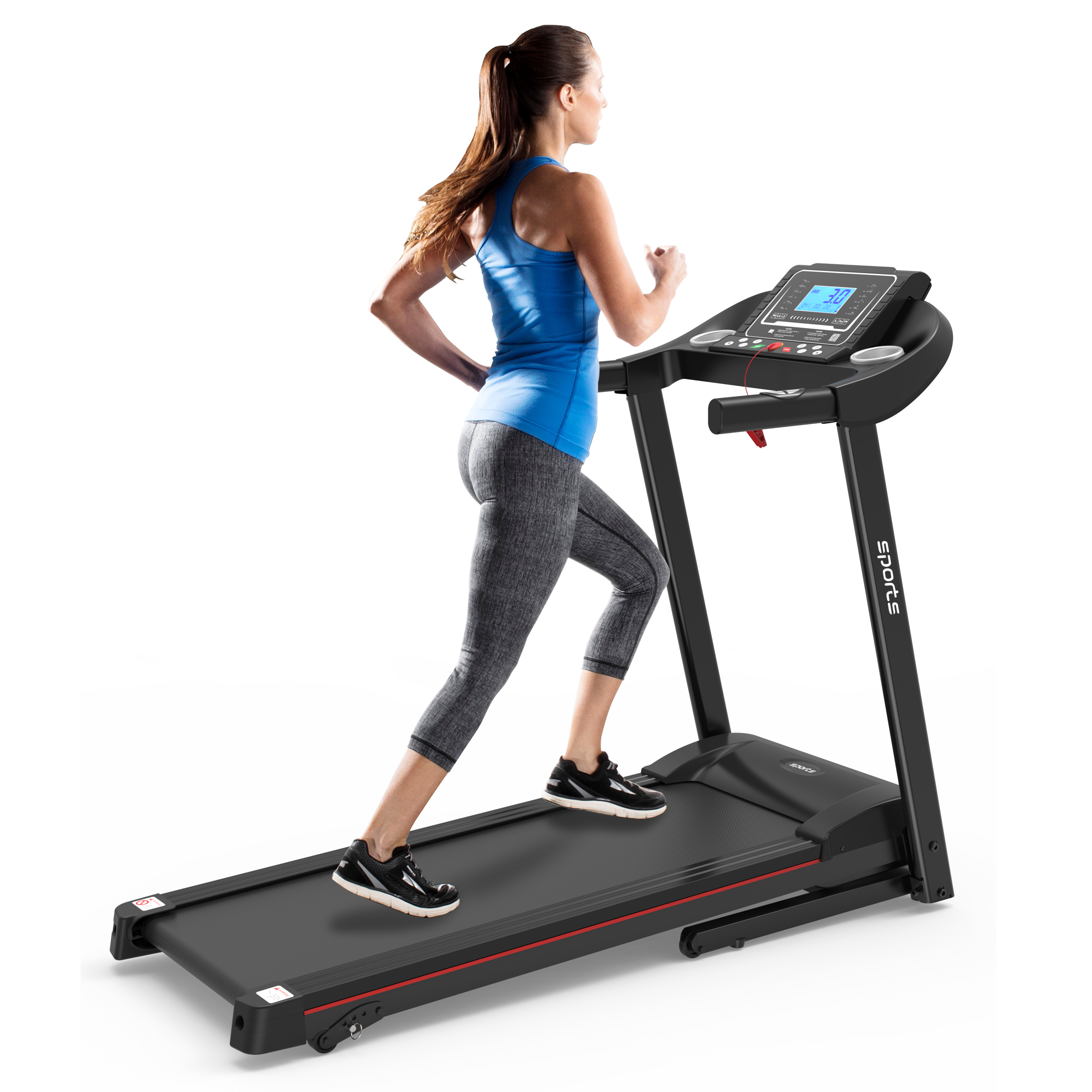Home foldable treadmill with 5 inch LCD display — angle view