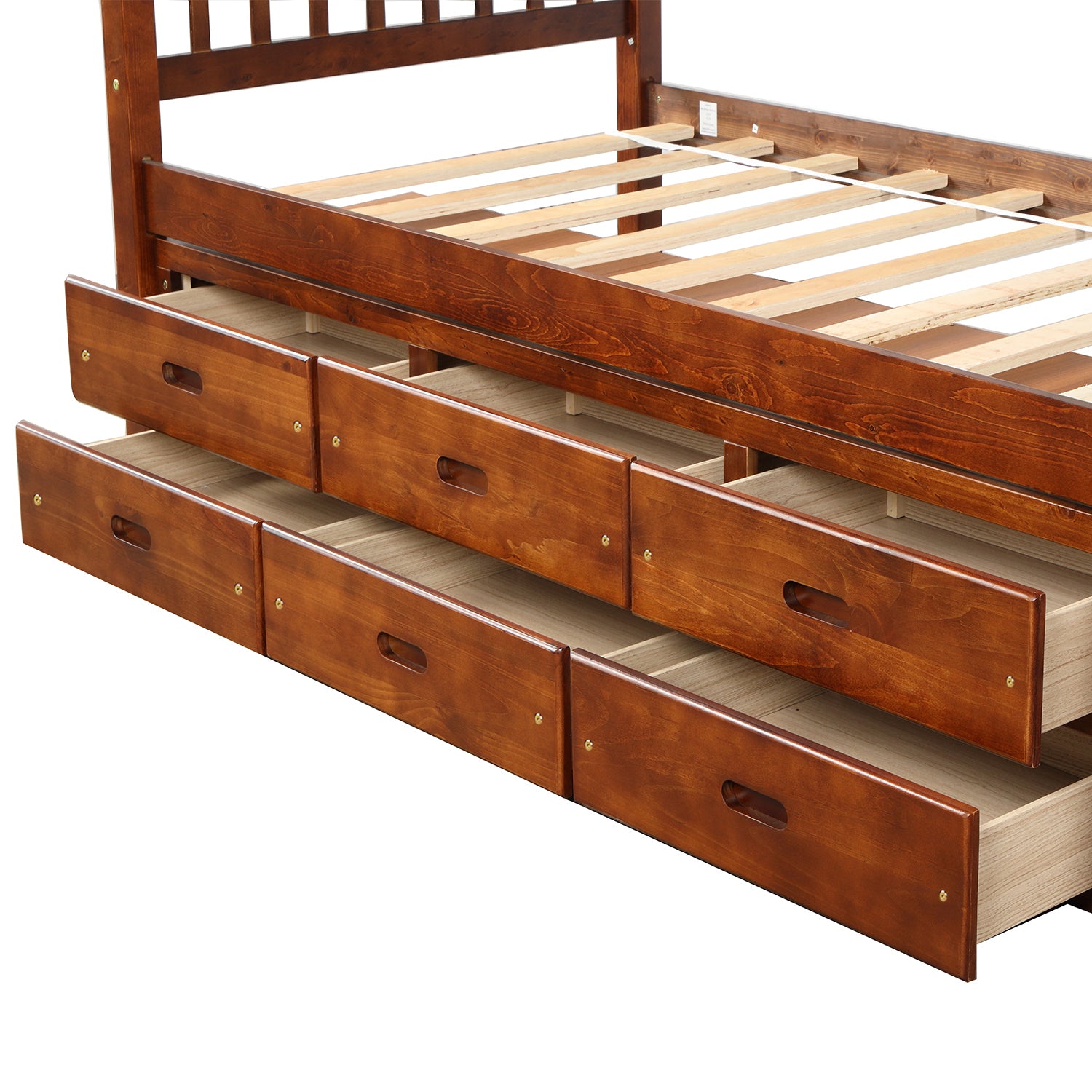 Walnut twin bed frame wood grain detail