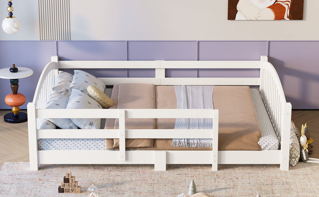 Full Montessori Floor Bed with Slats and Safety Guardrails, Solid Wood Floor Bed with Fence and Without Door, Easy Assemble Montessori Bed for Girls and Boys, Gray