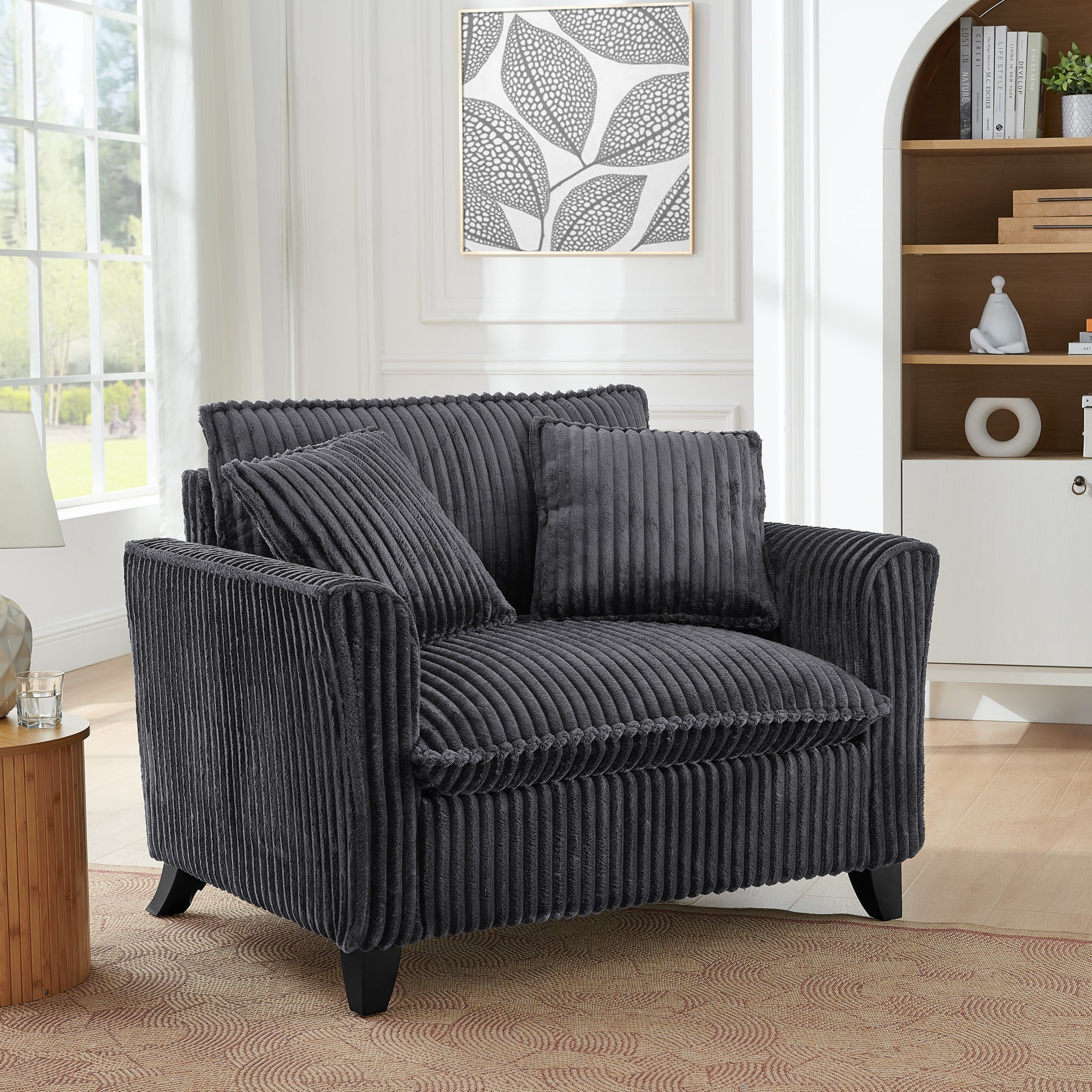 Gray corduroy tufted lazy lounge chair with armrests — front view